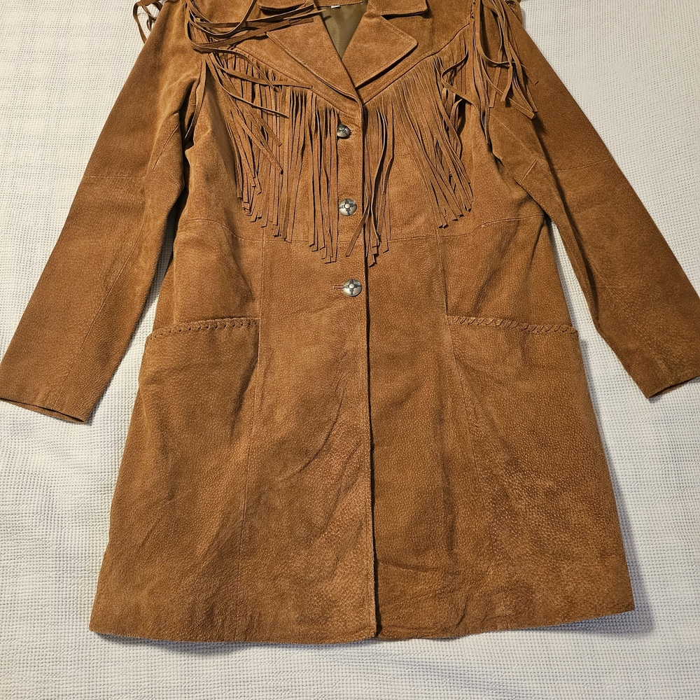 CARROLL ORIGINAL WEAR Brown Leather Suede Fringe Long Western Jacket Size XXL